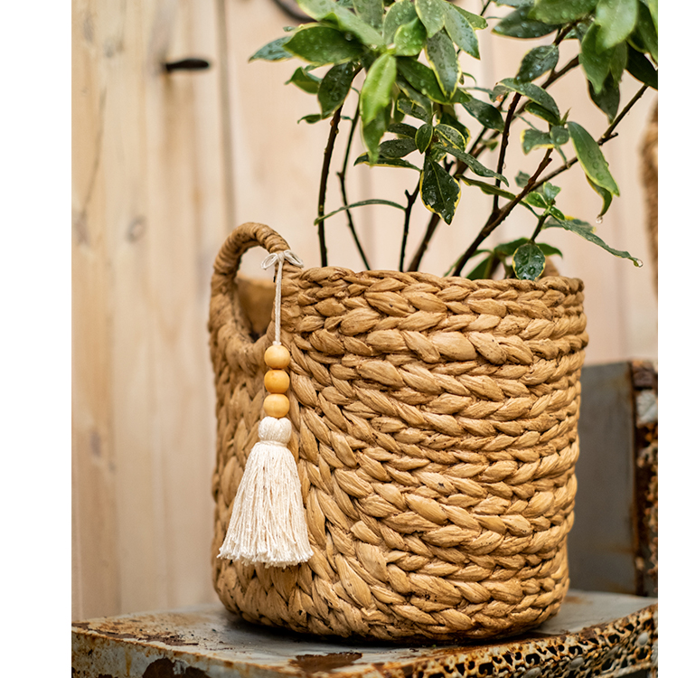 Bag with Tassel Cement Planter in khaki color, featuring a drainage hole and stylish design, perfect for indoor or outdoor use.