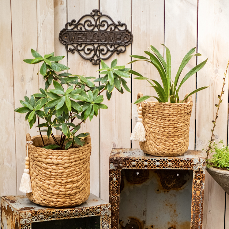 Bag with Tassel Cement Planter in khaki color, featuring a drainage hole and stylish design, perfect for indoor or outdoor use.