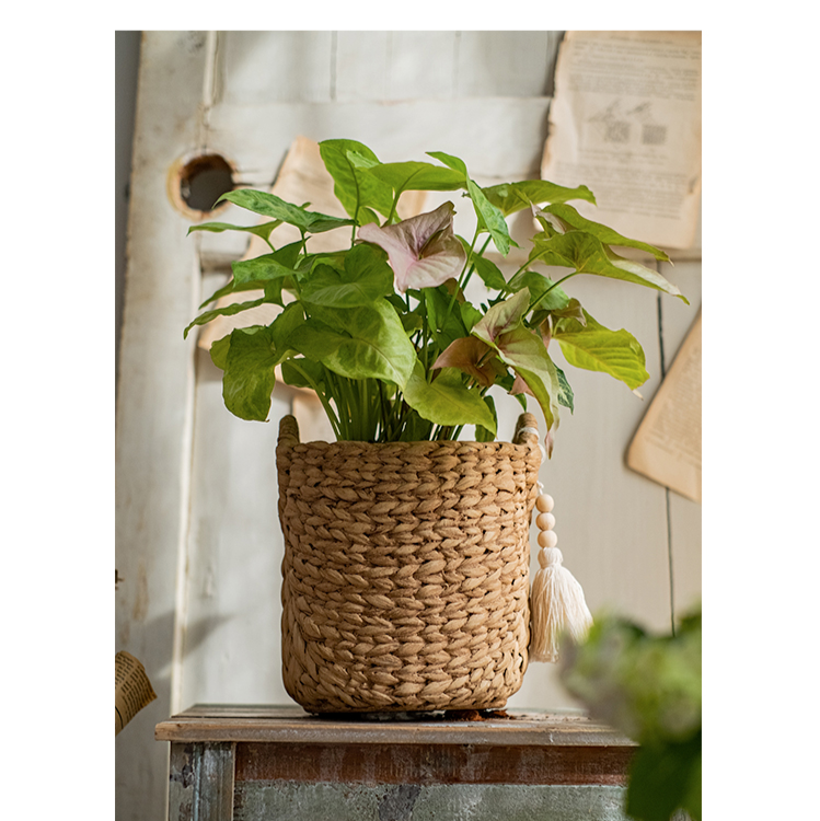 Bag with Tassel Cement Planter in khaki color, featuring a drainage hole and stylish design, perfect for indoor or outdoor use.