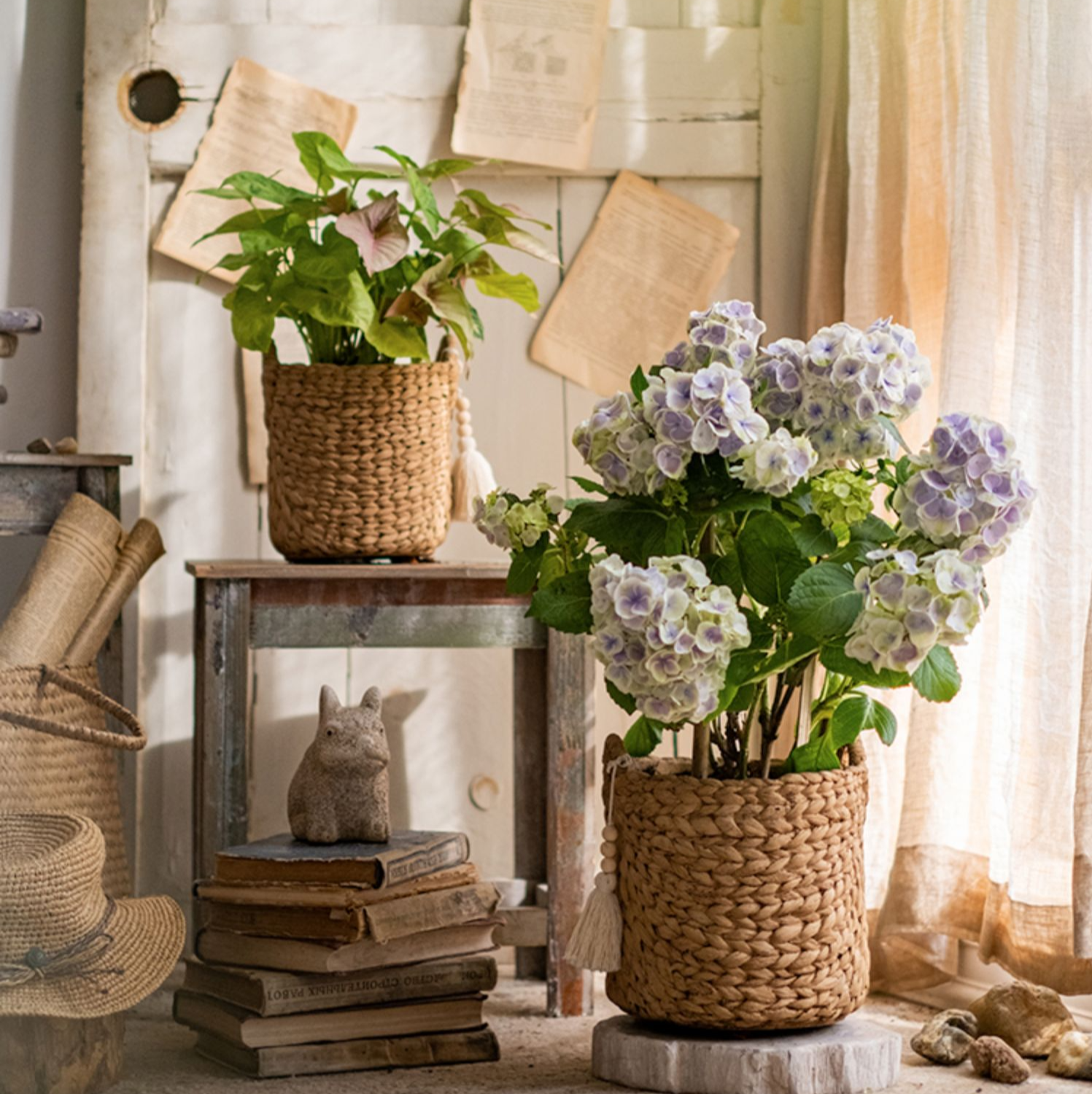 Bag with Tassel Cement Planter in khaki color, featuring a drainage hole and stylish design, perfect for indoor or outdoor use.