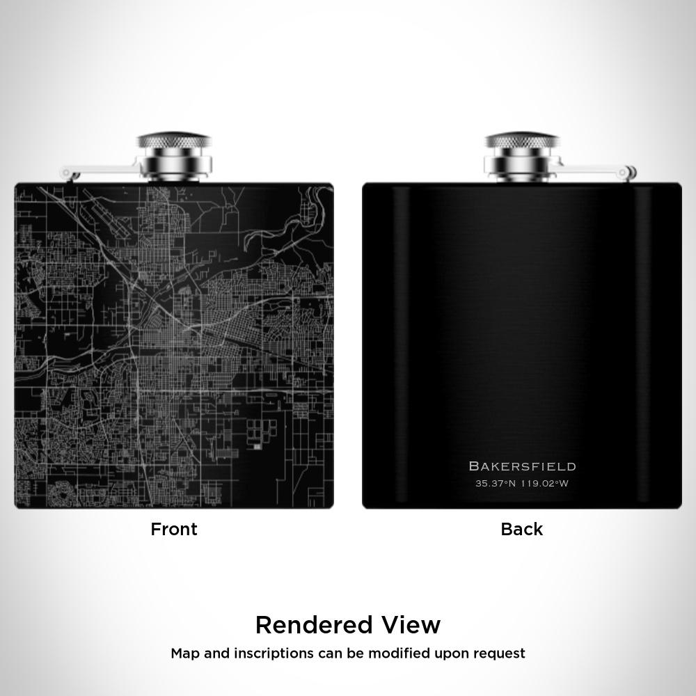 Matte black hip flask featuring a custom engraved map of Bakersfield, California, with coordinates, accompanied by a canvas bag and funnel.