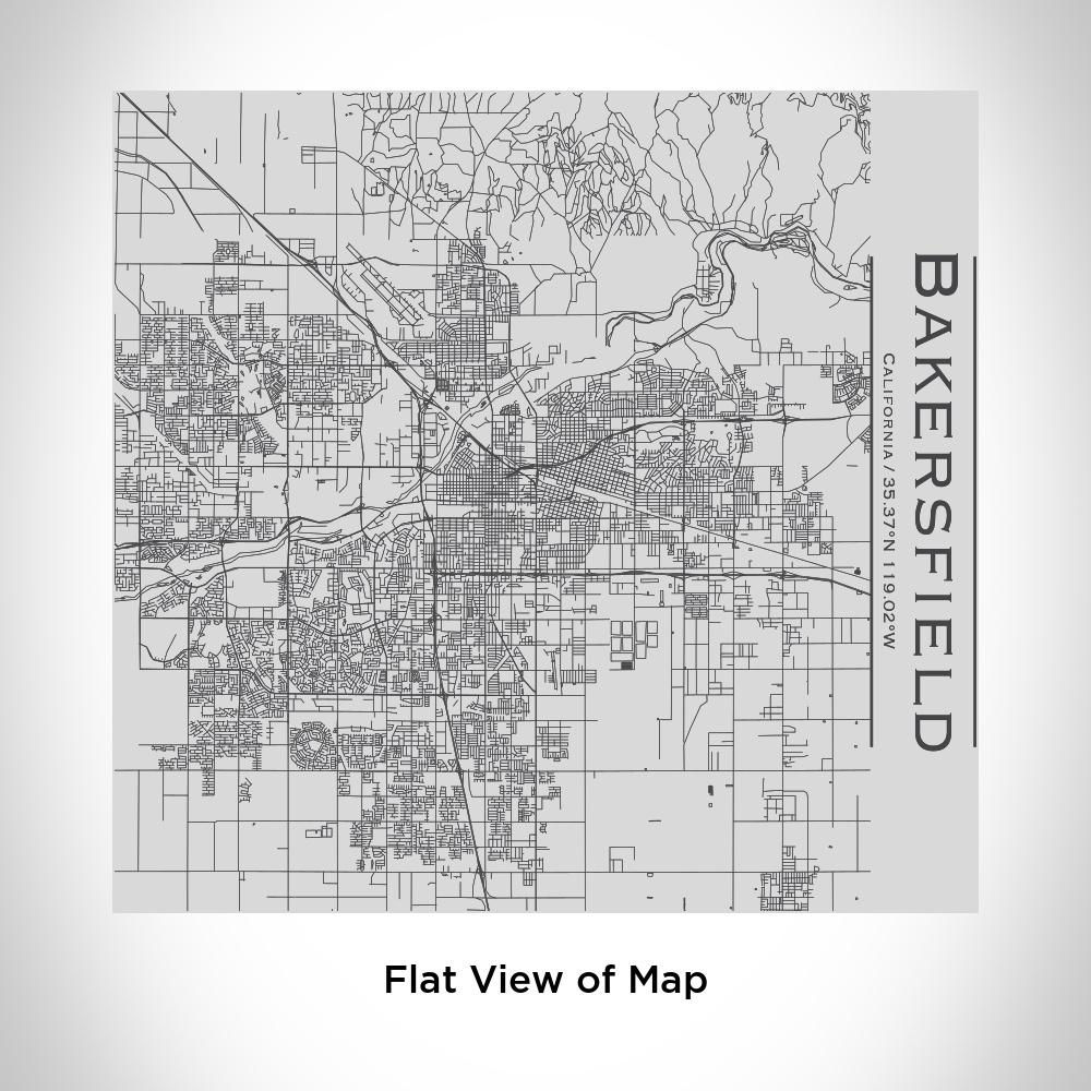 Custom engraved stainless steel tumbler featuring a detailed map of Bakersfield, California with coordinates.