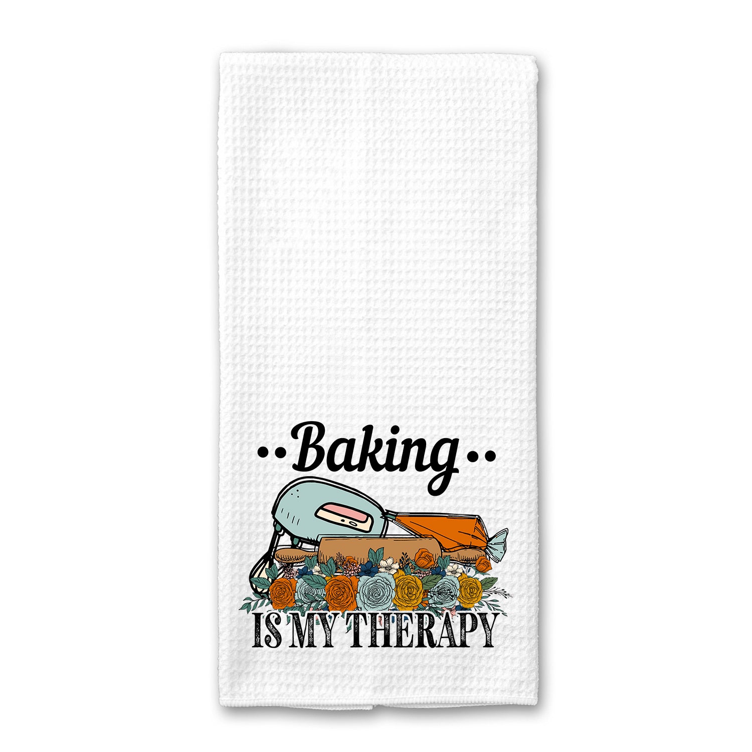 Baking is My Therapy Kitchen Towel in vibrant colors, showcasing its absorbent microfiber fabric and stylish design.