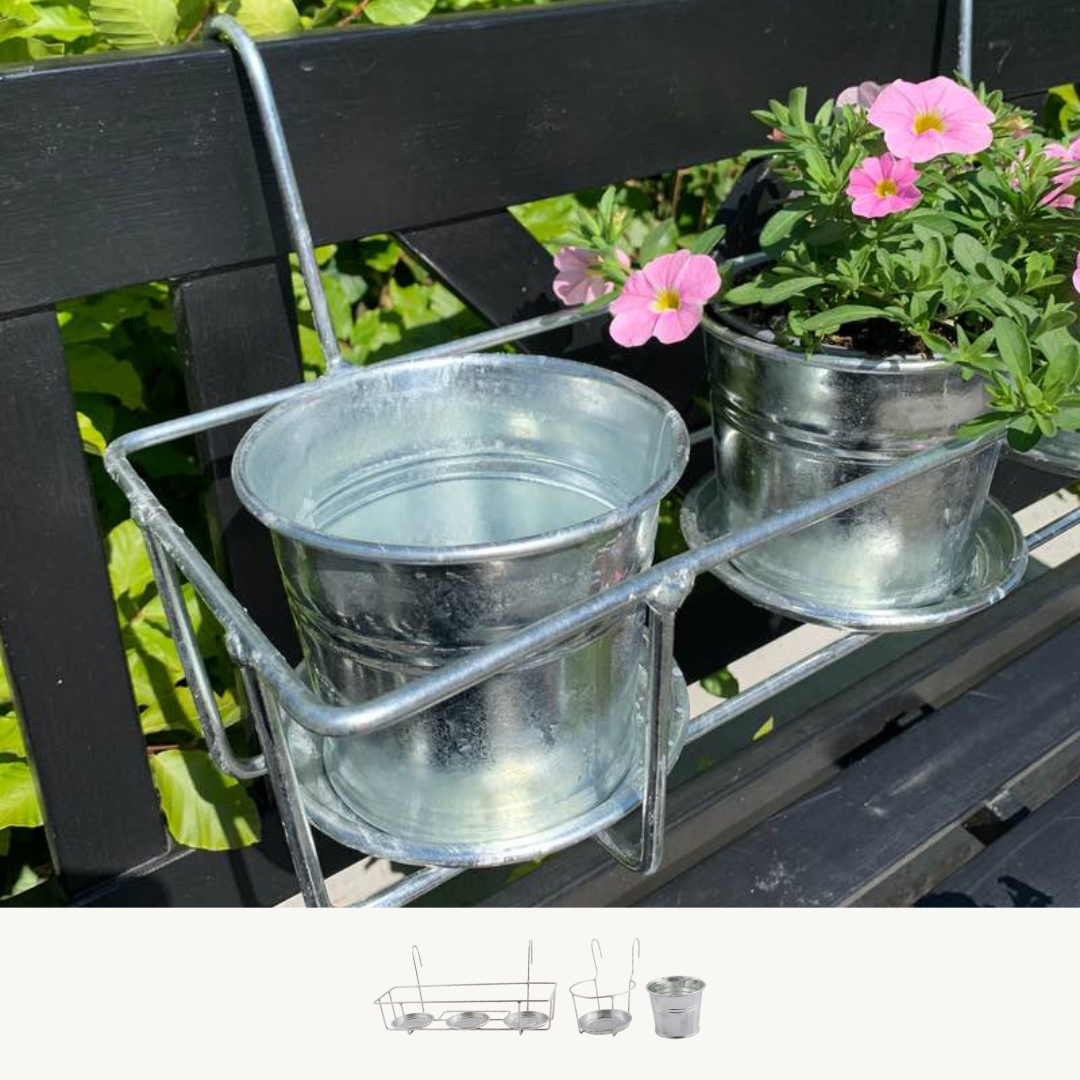 Galvanised balcony flowerpot holder showcasing its sturdy design and rustic finish, perfect for outdoor plant display.