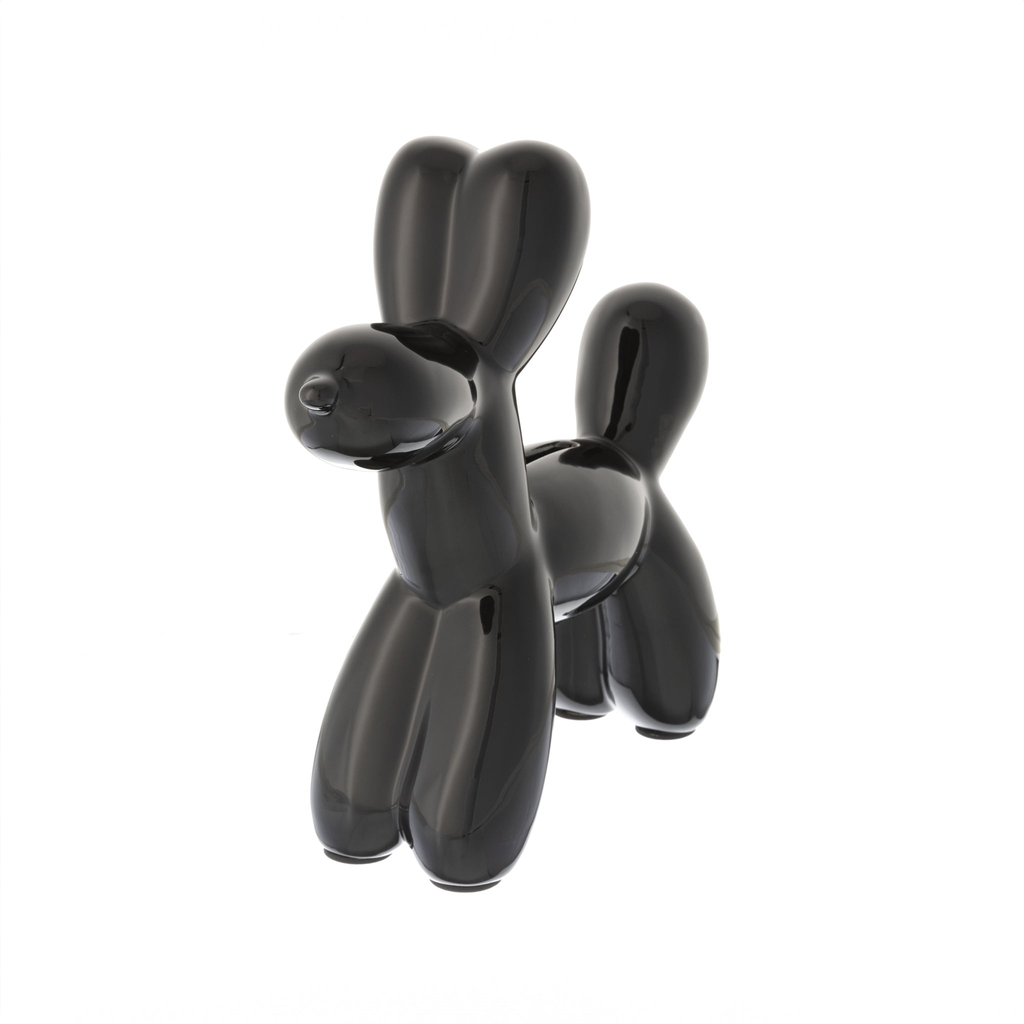 A stylish black balloon dog bank with smooth curves and an electroplated finish, perfect for modern decor.