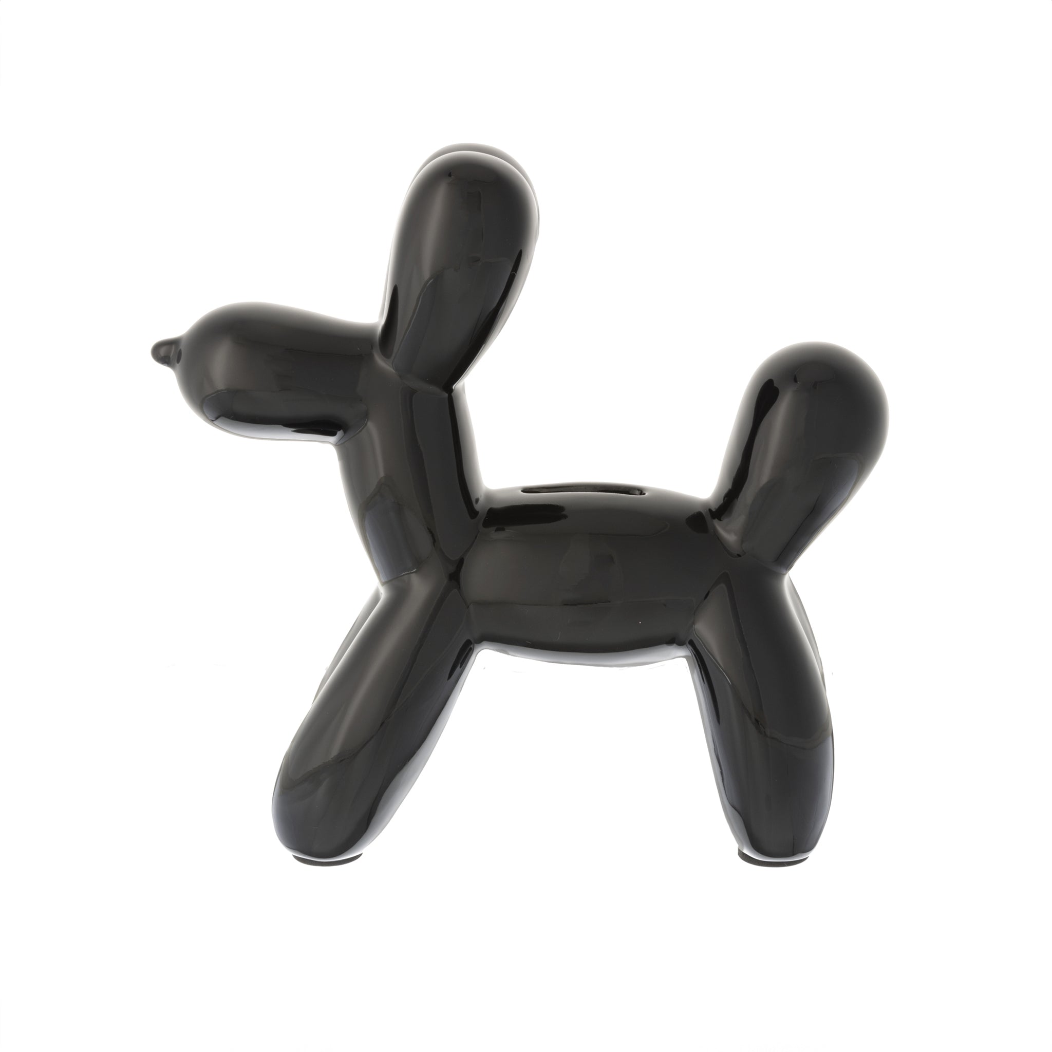 A stylish black balloon dog bank with smooth curves and an electroplated finish, perfect for modern decor.