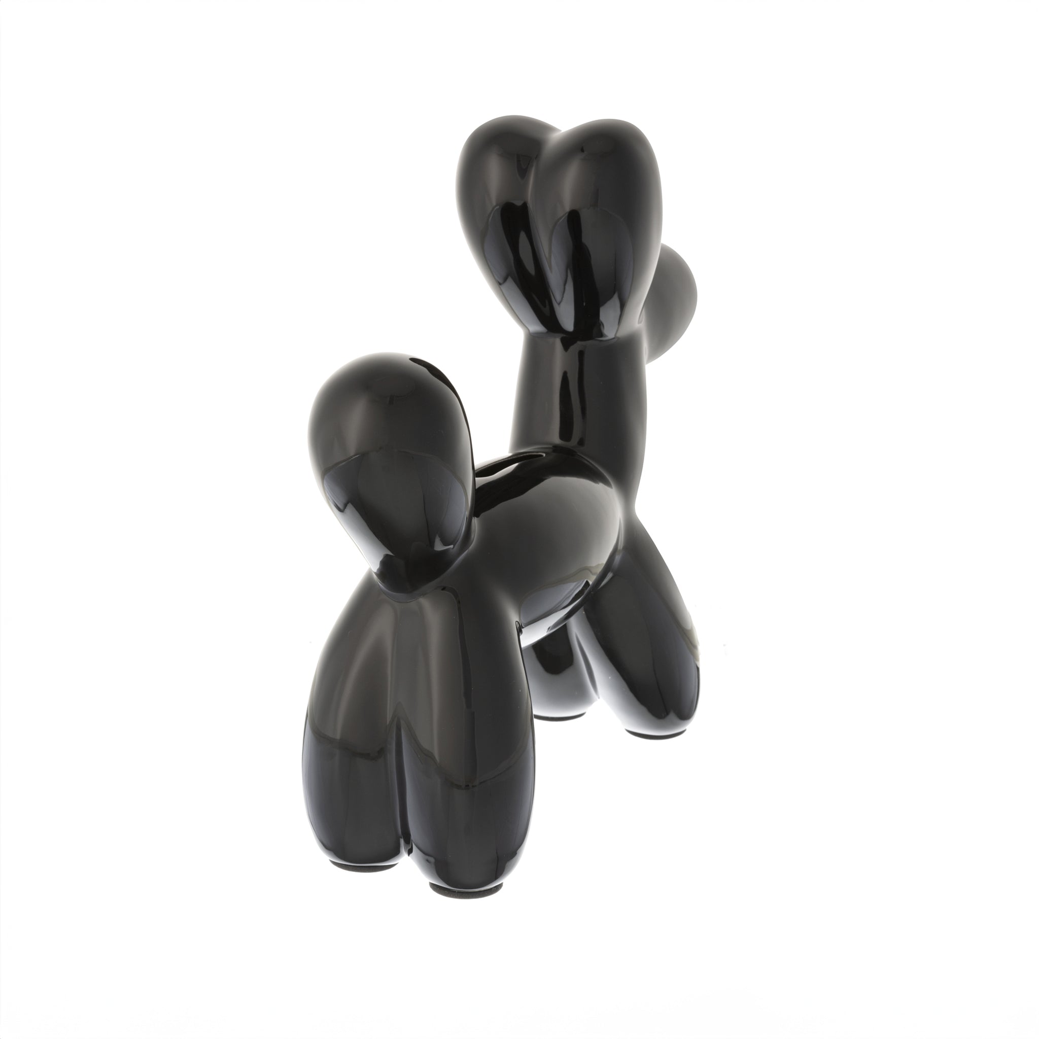 A stylish black balloon dog bank with smooth curves and an electroplated finish, perfect for modern decor.