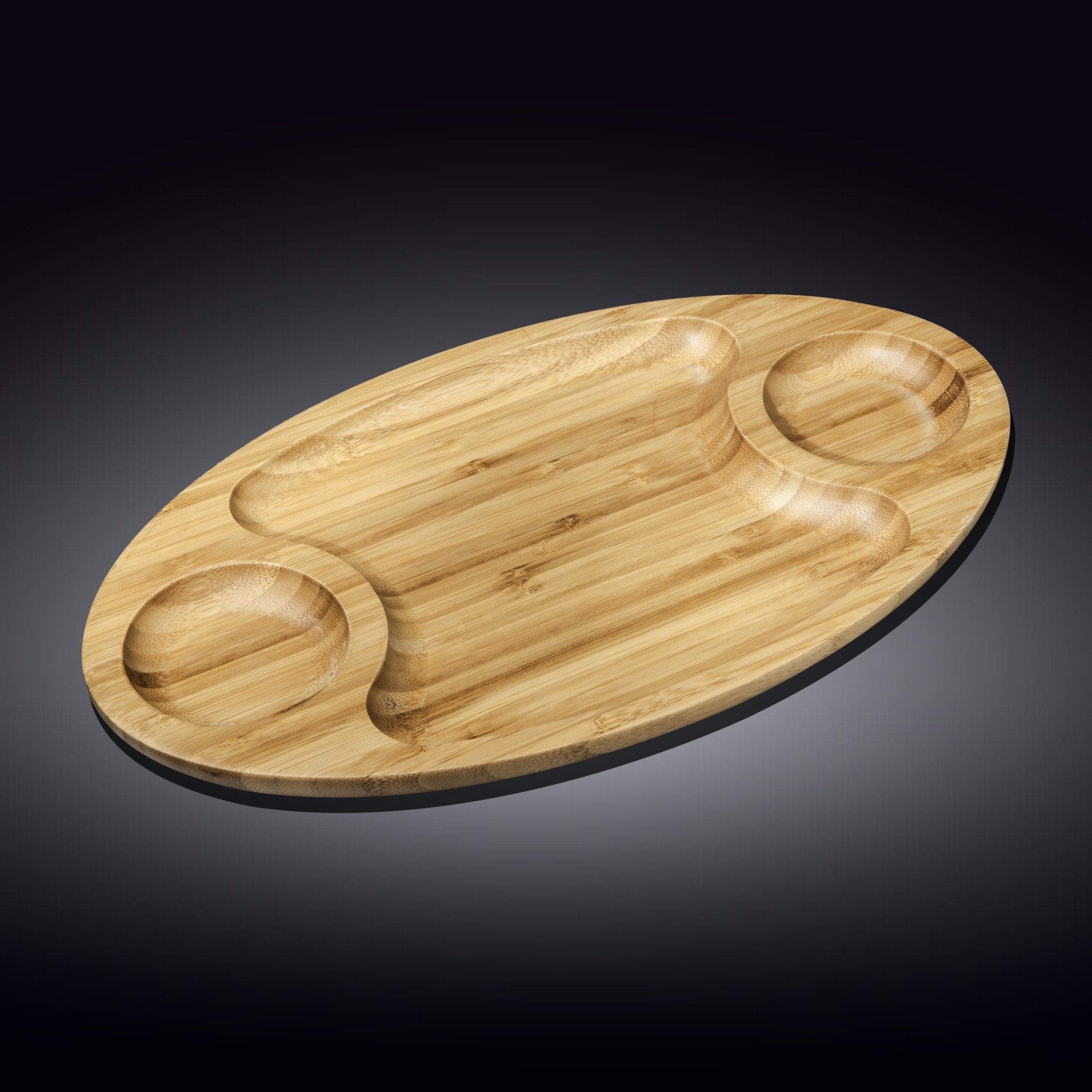 WILMAX Bamboo 3 Section Platter, 18x10 inches, showcasing its elegant design and natural bamboo texture.