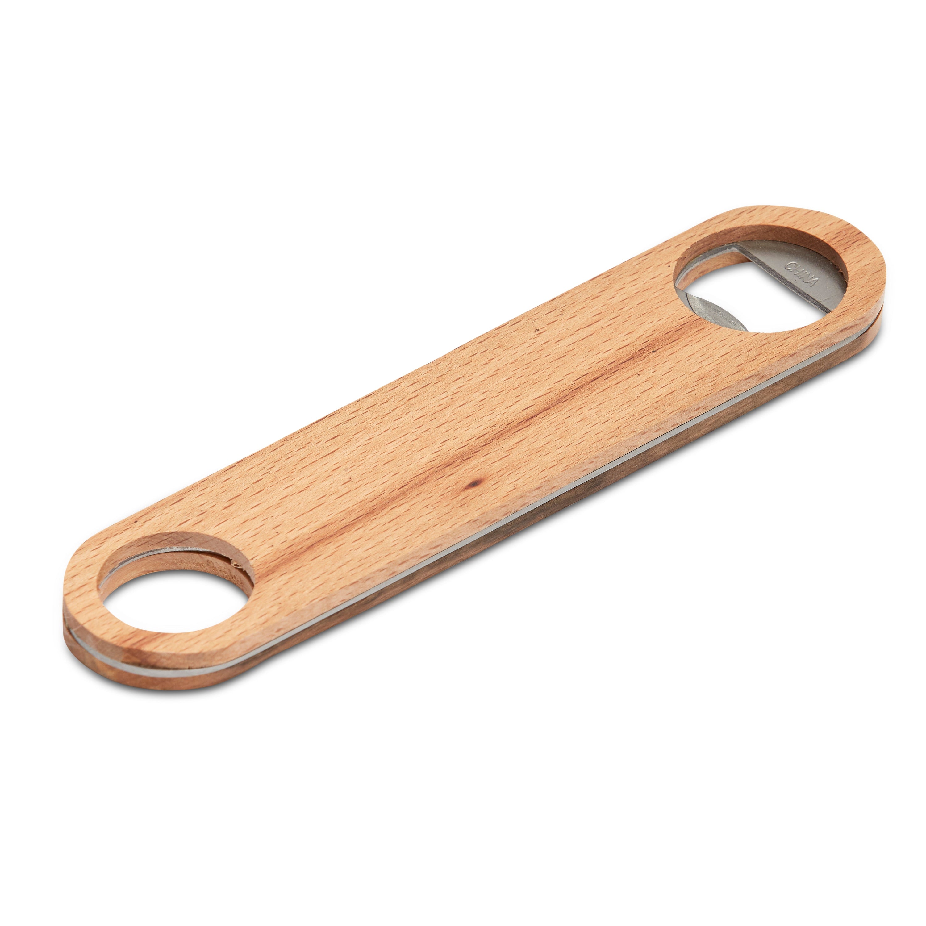 Eco-friendly Bamboo Bottle Opener with stainless steel reinforcement, perfect for outdoor use.