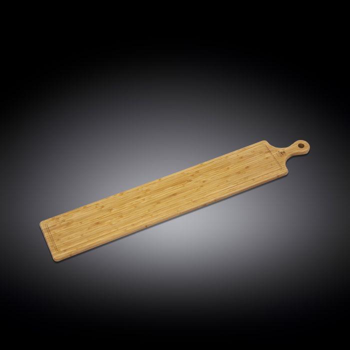 A stylish bamboo charcuterie board with a handle, perfect for serving appetizers and sides, showcasing its natural texture and elegant design.