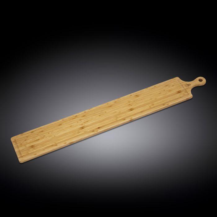 WILMAX Bamboo Charcuterie Board with Handle, 39.4 inches by 5.9 inches, showcasing its elegant design and natural bamboo texture.