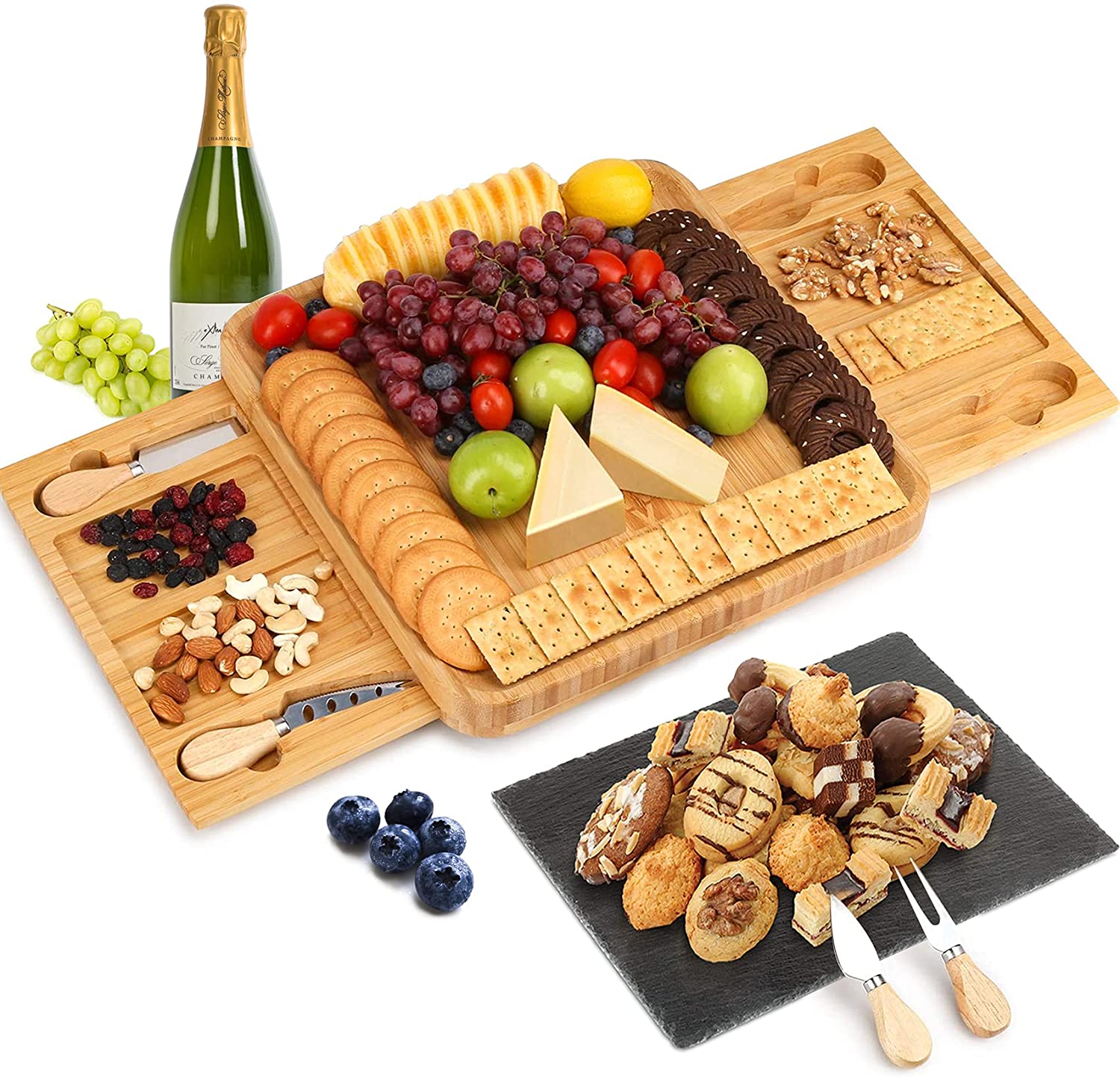 Bamboo cheese board set featuring a knife set with four stainless steel knives, designed for serving cheese, meats, and crackers.