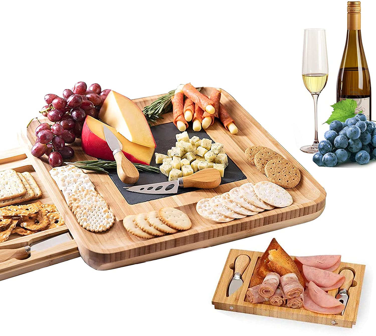 Bamboo cheese board set featuring a knife set with four stainless steel knives, designed for serving cheese, meats, and crackers.