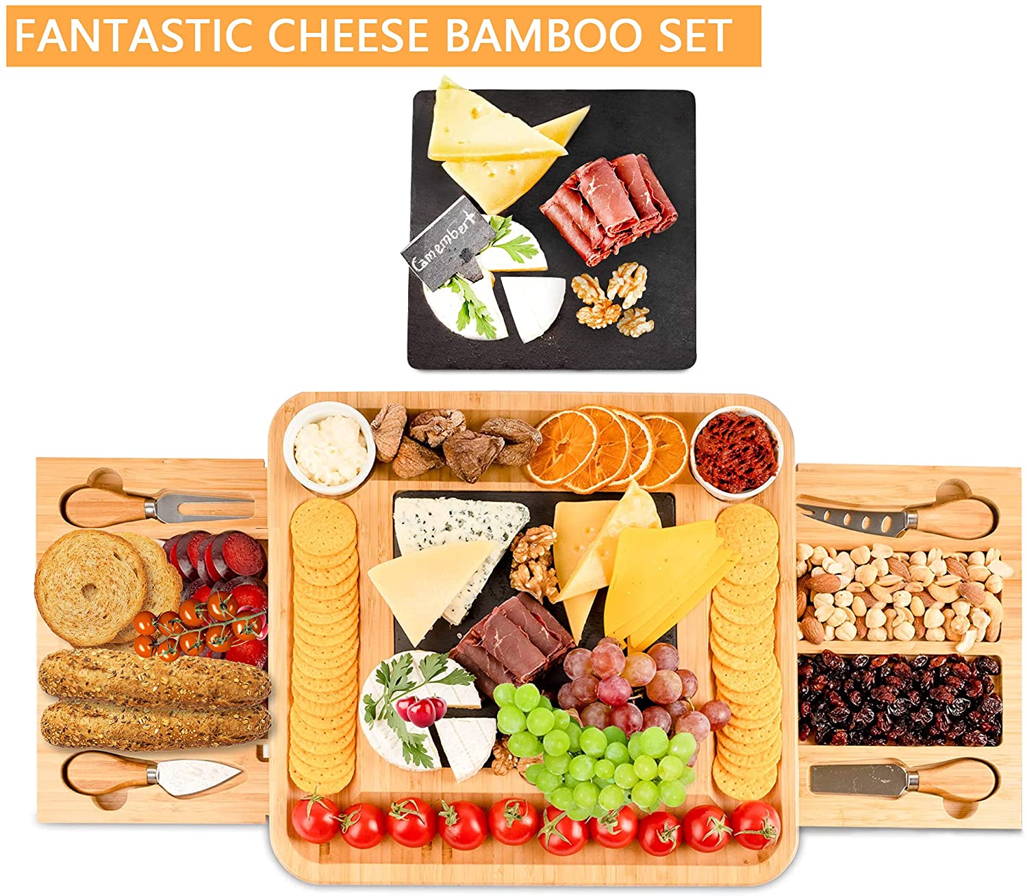 Bamboo cheese board set featuring a knife set with four stainless steel knives, designed for serving cheese, meats, and crackers.