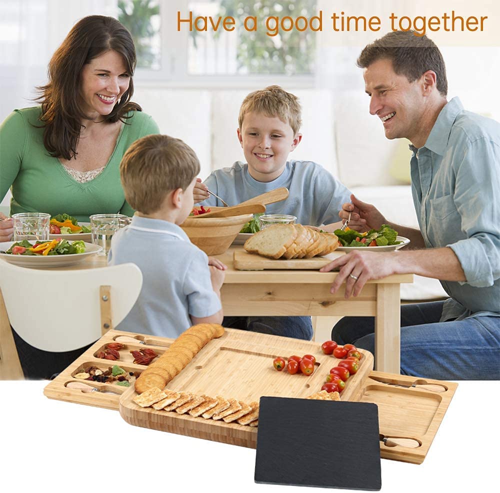 Bamboo cheese board set featuring a knife set with four stainless steel knives, designed for serving cheese, meats, and crackers.