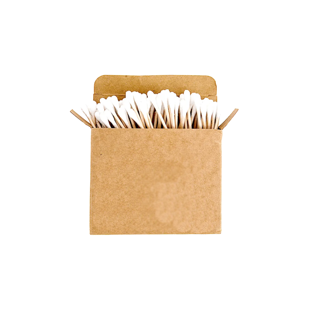 A pack of 200 eco-friendly bamboo cotton swabs, featuring biodegradable cotton tips and sustainably sourced bamboo handles.