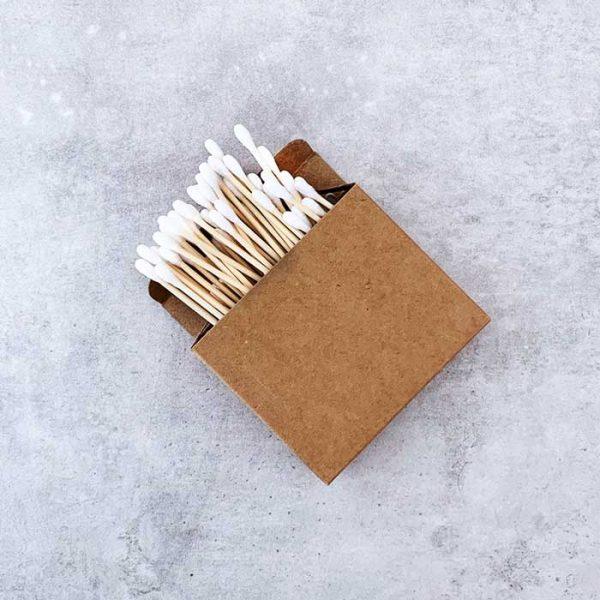 A pack of 200 eco-friendly bamboo cotton swabs, featuring biodegradable cotton tips and sustainably sourced bamboo handles.