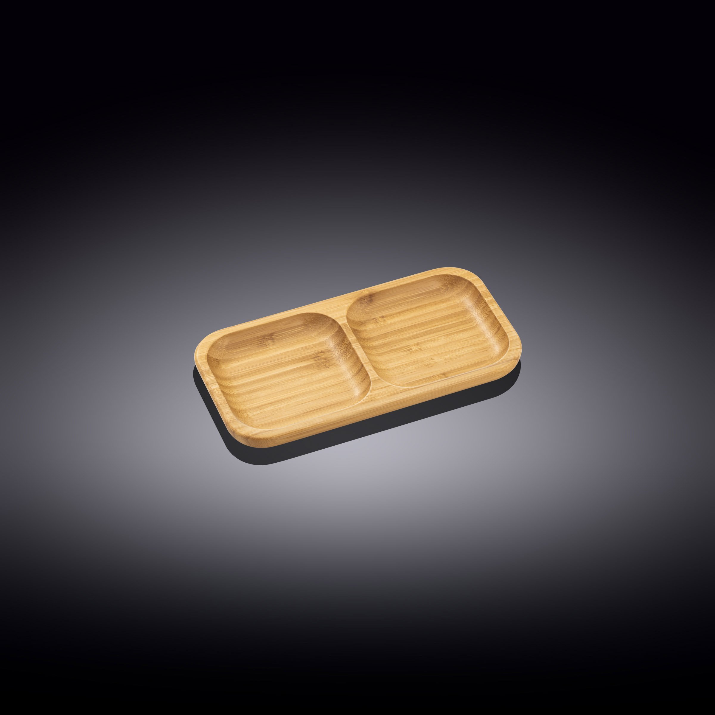 WILMAX Bamboo Divided Dish showcasing two square wells, perfect for serving appetizers and sides elegantly.