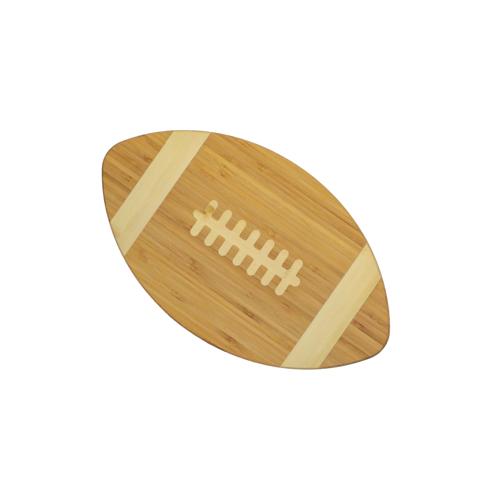 Bamboo Football Cutting Board shaped like a football, featuring two-tone colors and laces, perfect for game day snacks.