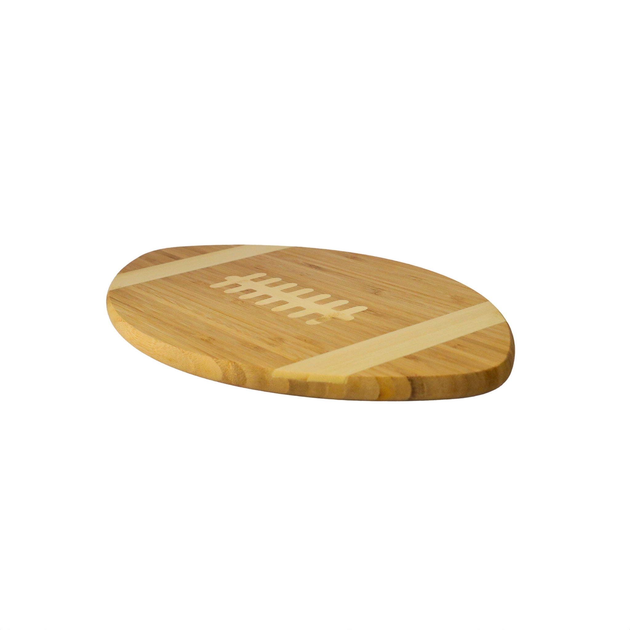 Bamboo Football Cutting Board shaped like a football, featuring two-tone colors and laces, perfect for game day snacks.