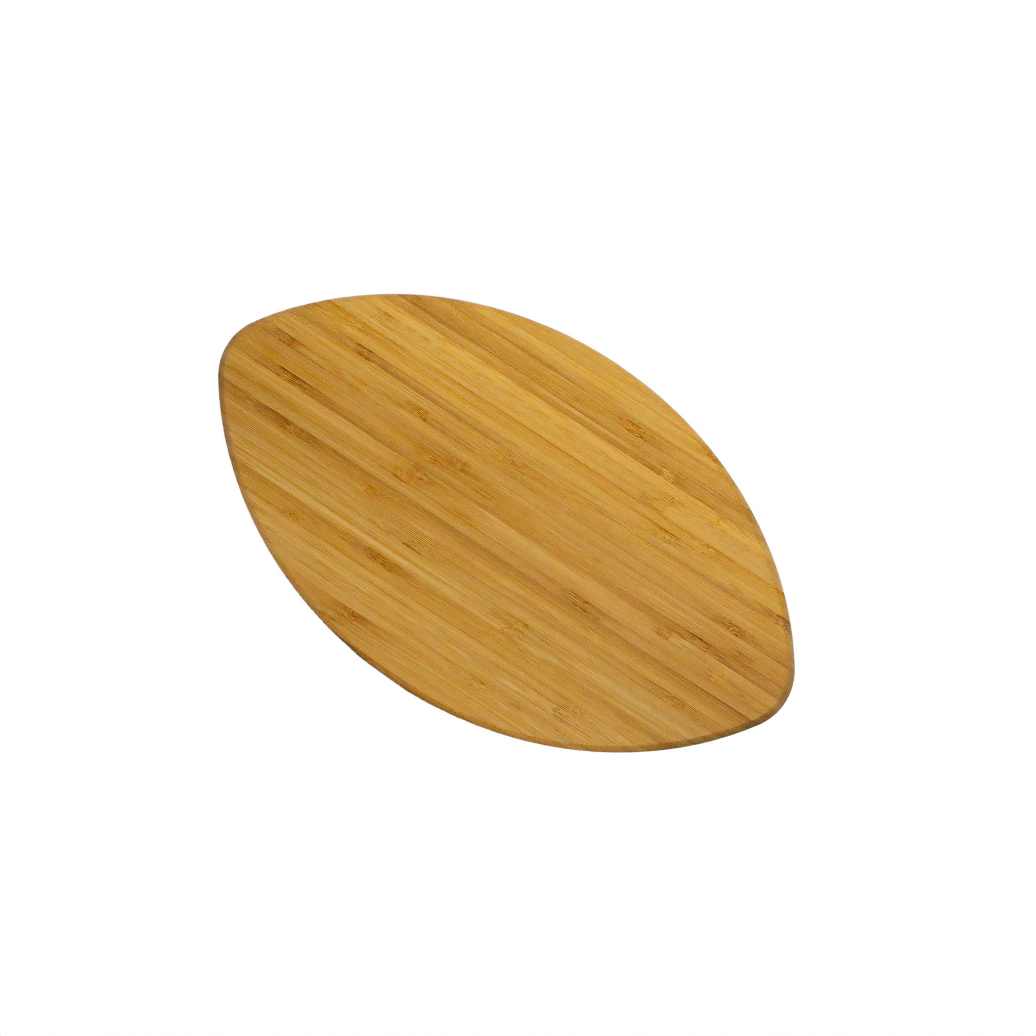 Bamboo Football Cutting Board shaped like a football, featuring two-tone colors and laces, perfect for game day snacks.