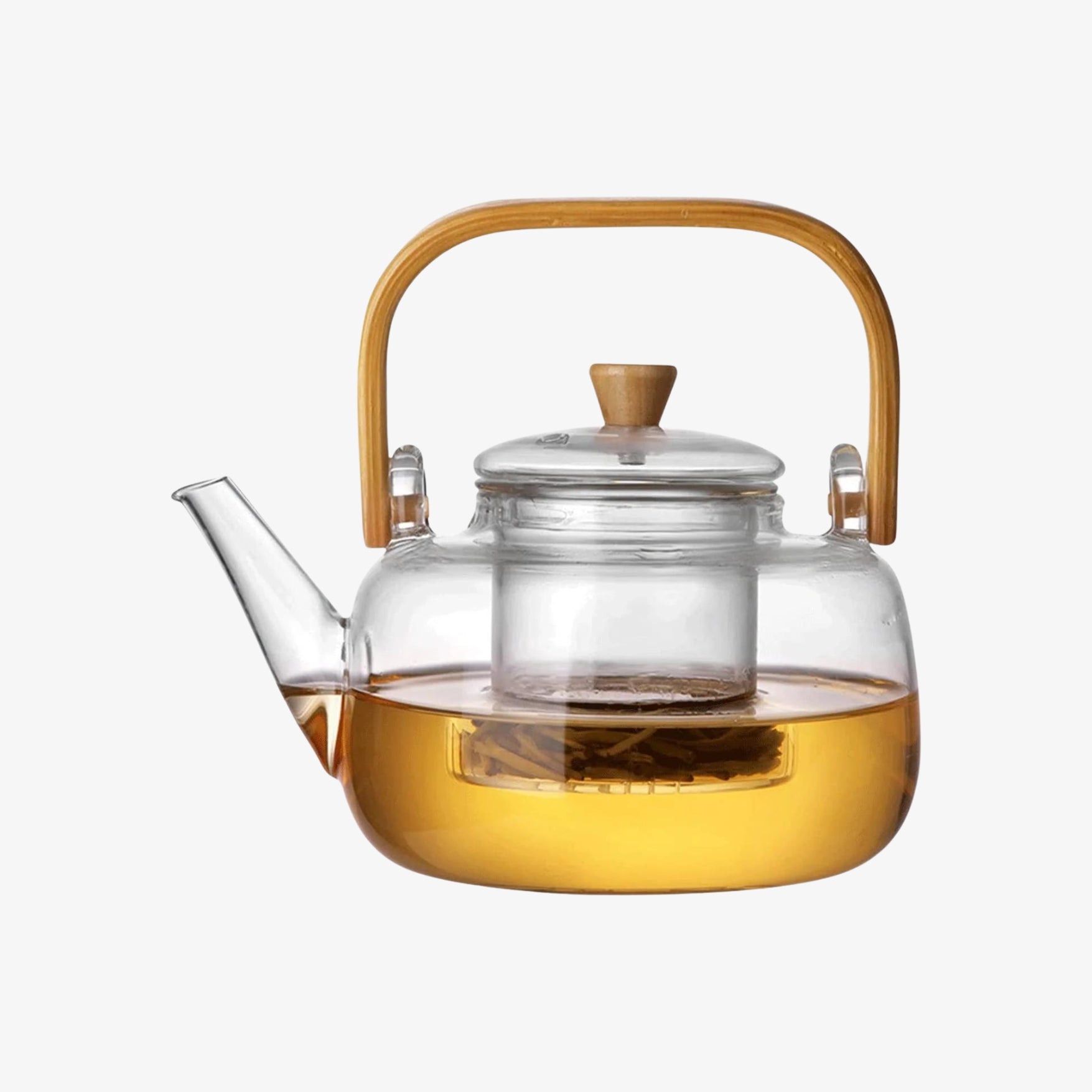 A stylish Bamboo & Glass Tea Kettle featuring an ergonomic handle and removable infuser, perfect for brewing loose-leaf tea.