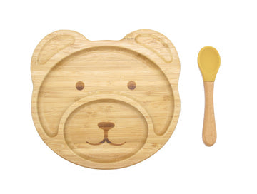 Bamboo Kids Teddy Plate with Suction Cap Base and Spoon, featuring a cute teddy bear design and a removable silicone suction base.