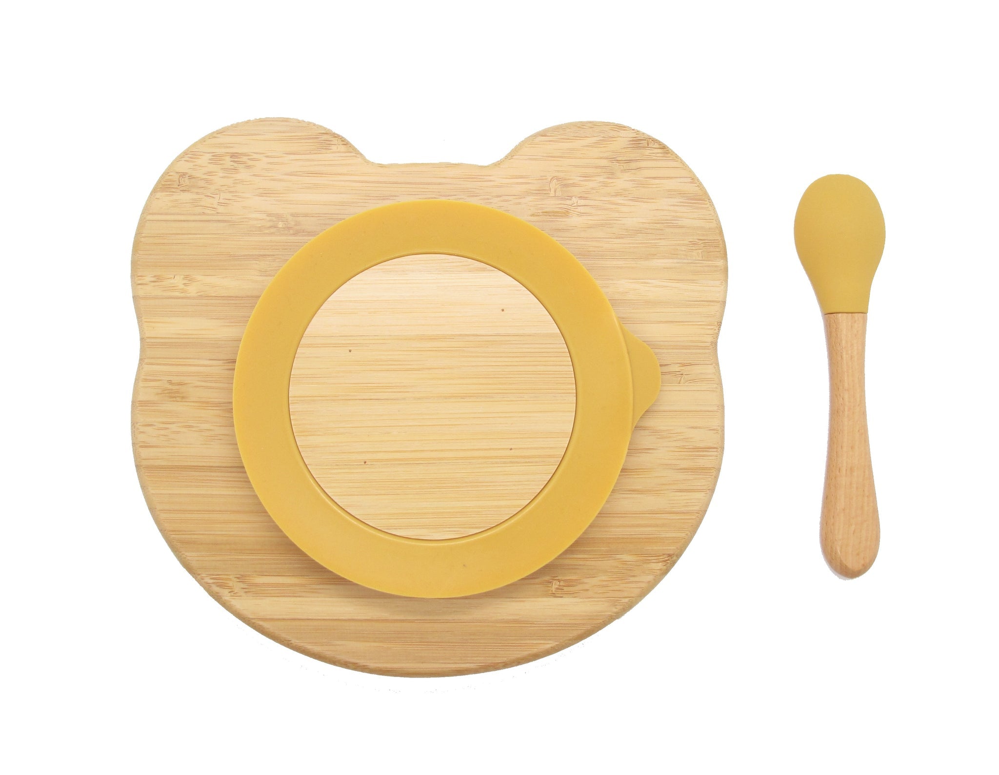 Bamboo Kids Teddy Plate with Suction Cap Base and Spoon, featuring a cute teddy bear design and a removable silicone suction base.