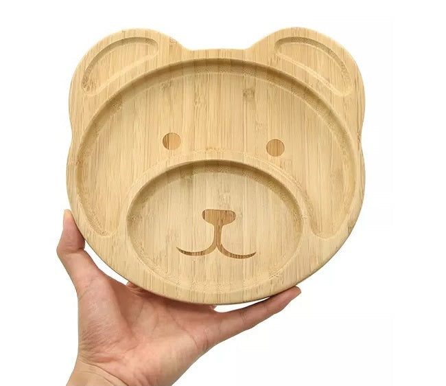 Bamboo Kids Teddy Plate with Suction Cap Base and Spoon, featuring a cute teddy bear design and a removable silicone suction base.