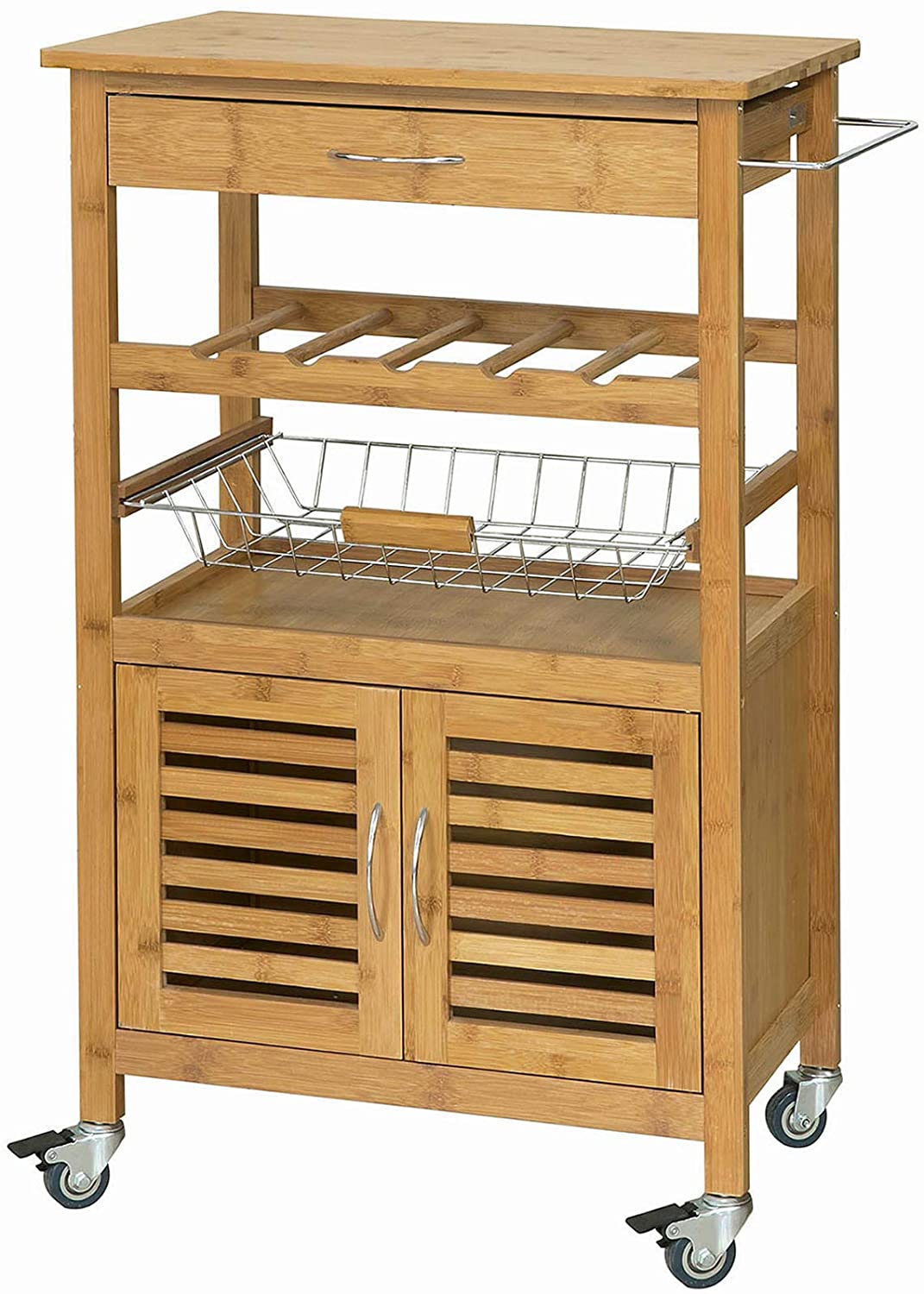 Bamboo Kitchen Storage Trolley featuring a wine rack, metal basket, and cabinet, designed for stylish kitchen organization.