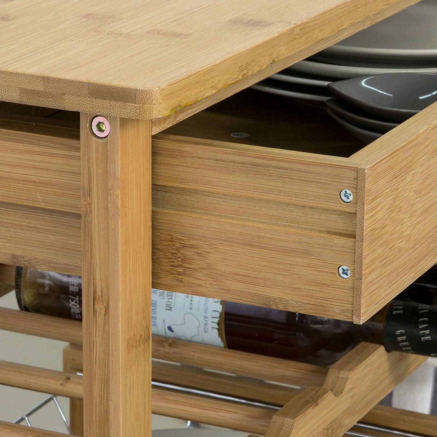 Bamboo Kitchen Storage Trolley featuring a wine rack, metal basket, and cabinet, designed for stylish kitchen organization.