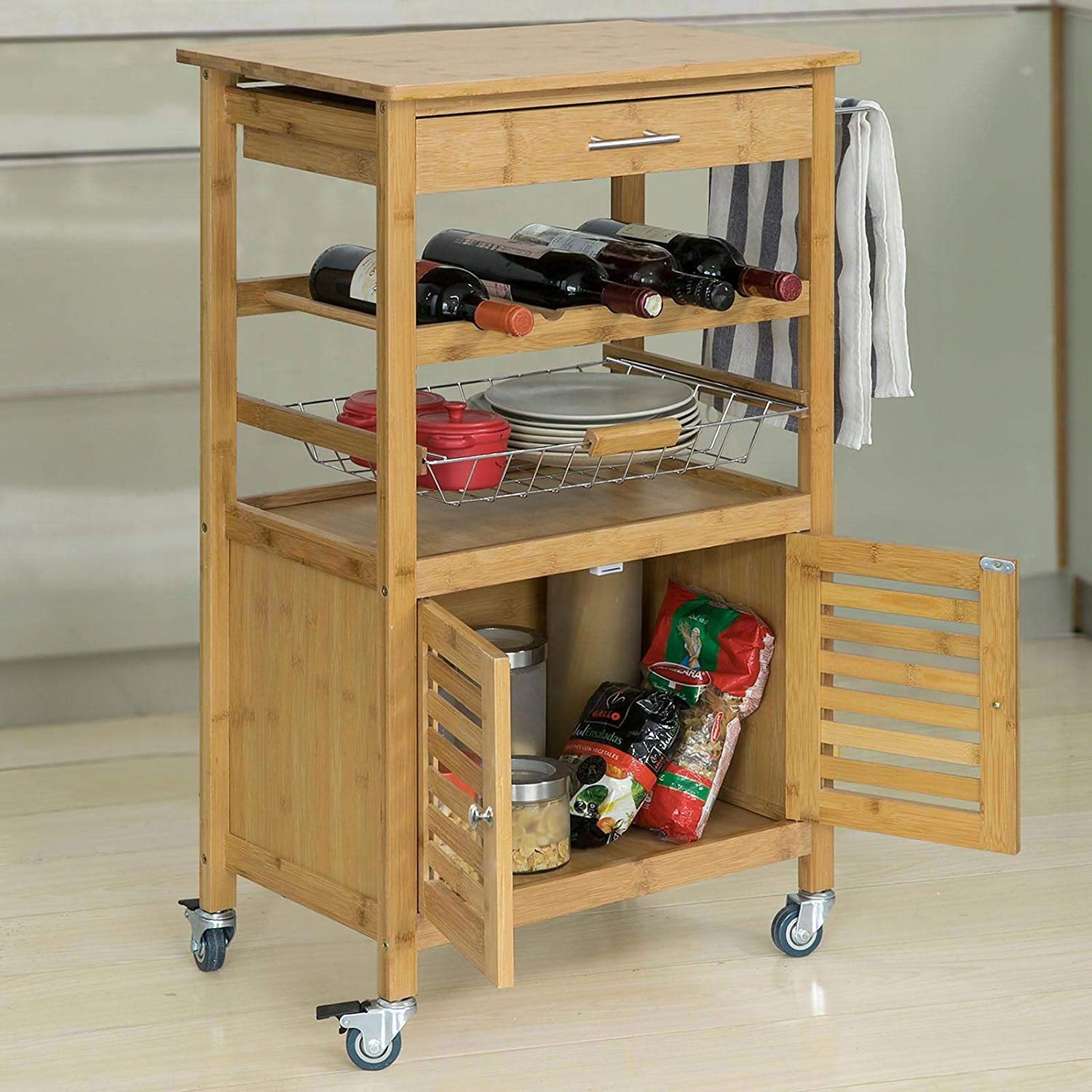 Bamboo Kitchen Storage Trolley featuring a wine rack, metal basket, and cabinet, designed for stylish kitchen organization.