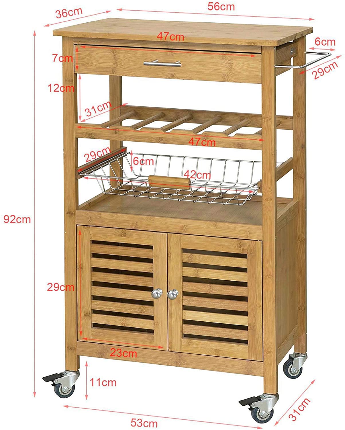 Bamboo Kitchen Storage Trolley featuring a wine rack, metal basket, and cabinet, designed for stylish kitchen organization.