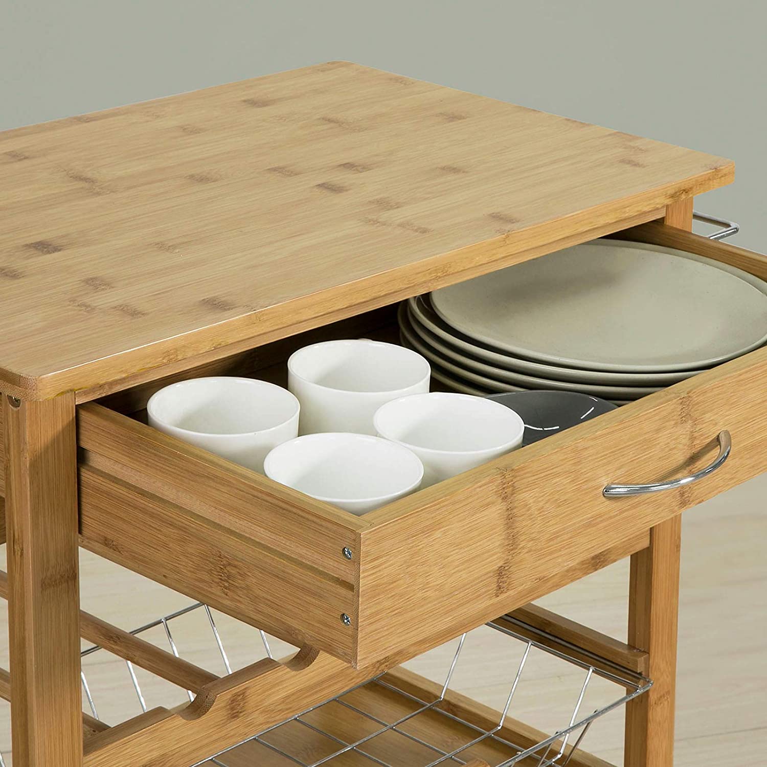 Bamboo Kitchen Storage Trolley featuring a wine rack, metal basket, and cabinet, designed for stylish kitchen organization.