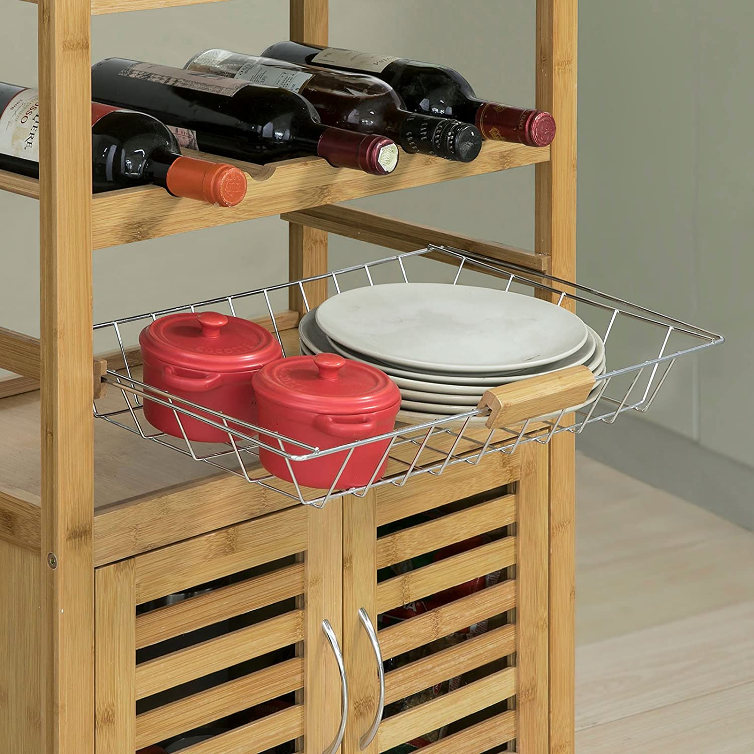 Bamboo Kitchen Storage Trolley featuring a wine rack, metal basket, and cabinet, designed for stylish kitchen organization.