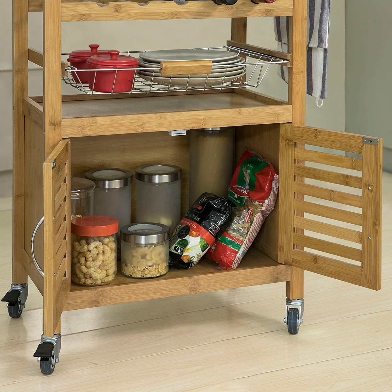 Bamboo Kitchen Storage Trolley featuring a wine rack, metal basket, and cabinet, designed for stylish kitchen organization.