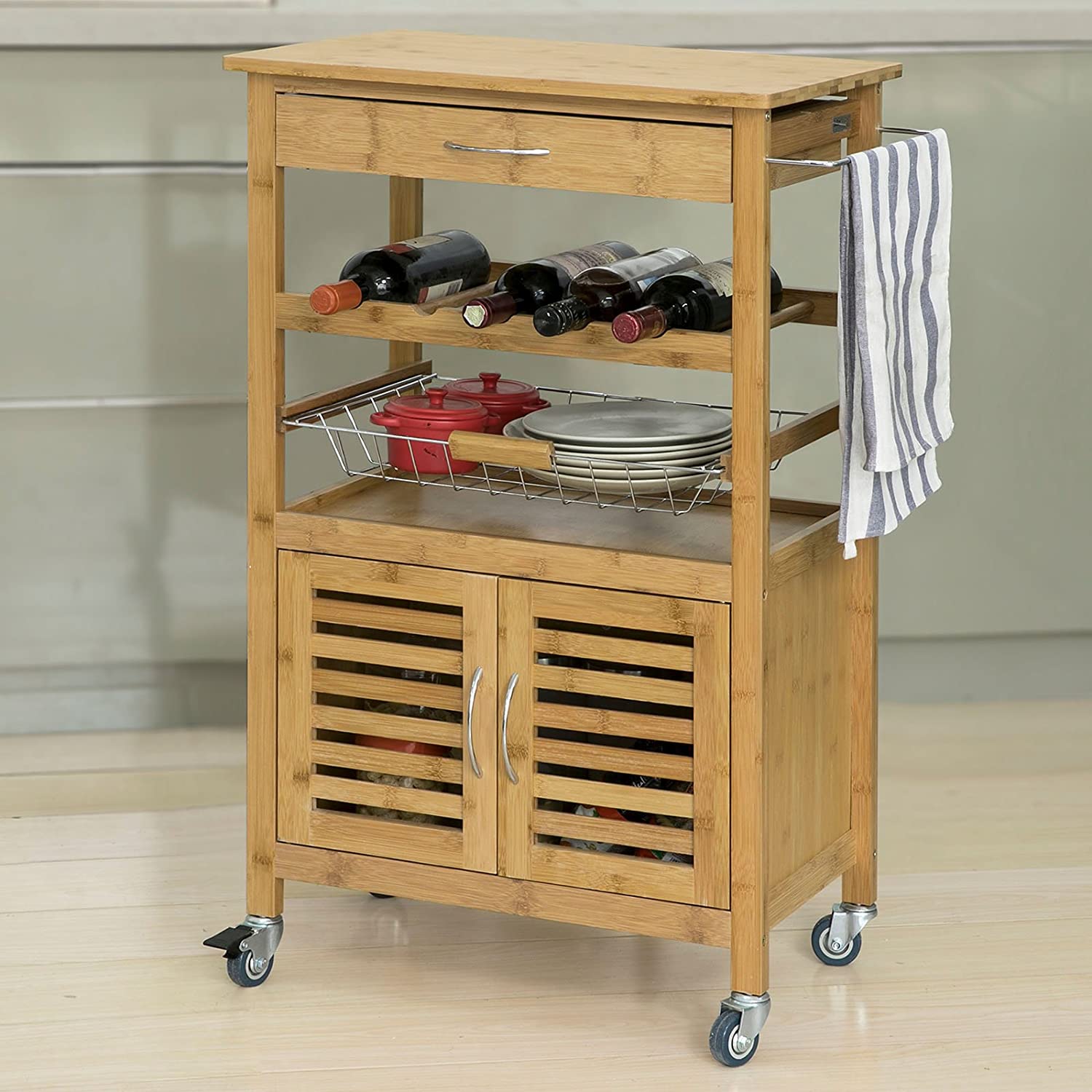 Bamboo Kitchen Storage Trolley featuring a wine rack, metal basket, and cabinet, designed for stylish kitchen organization.