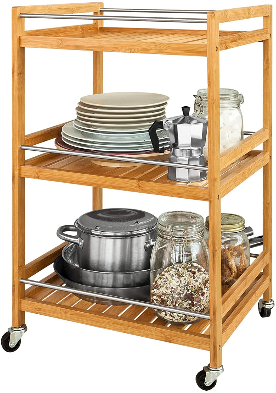 Bamboo Kitchen Trolley 3 Tier Storage Cart with metal castors, showcasing its elegant design and practical storage space.