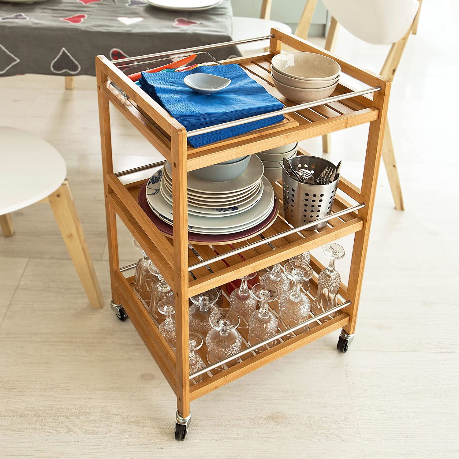 Bamboo Kitchen Trolley 3 Tier Storage Cart with metal castors, showcasing its elegant design and practical storage space.