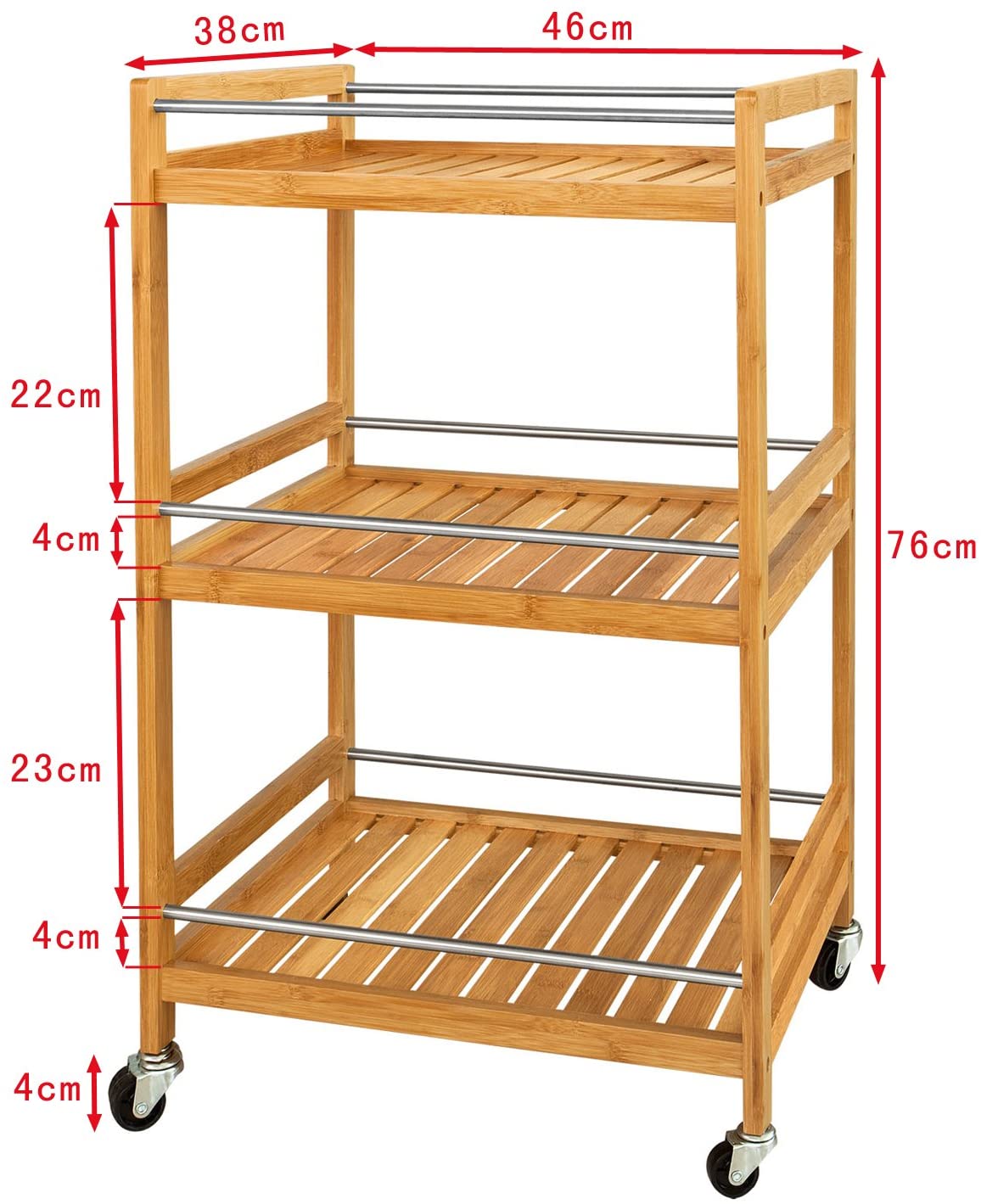 Bamboo Kitchen Trolley 3 Tier Storage Cart with metal castors, showcasing its elegant design and practical storage space.