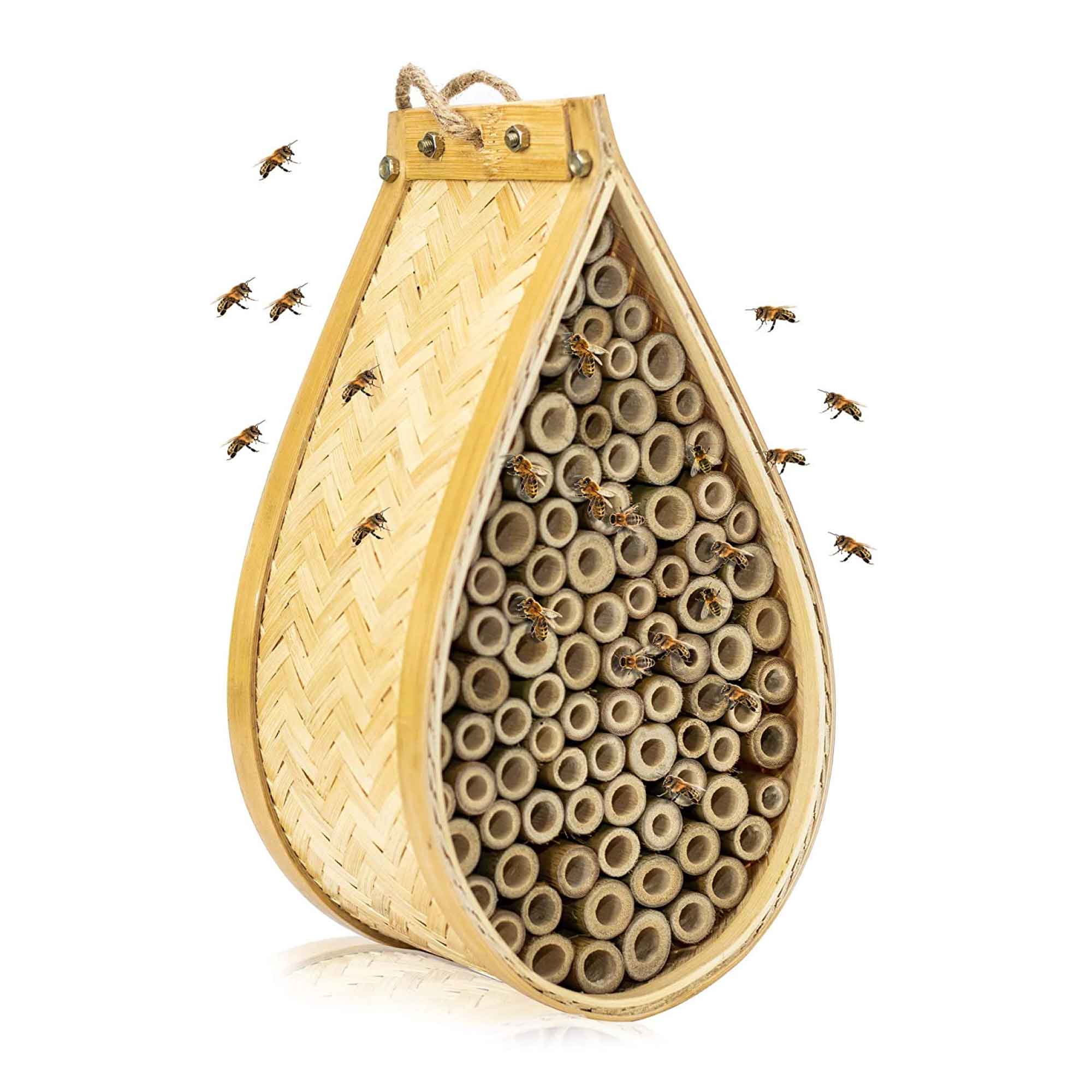 Bamboo Mason Beehive House designed for attracting non-stinging Mason bees, featuring a teardrop shape and multiple bamboo tubes.