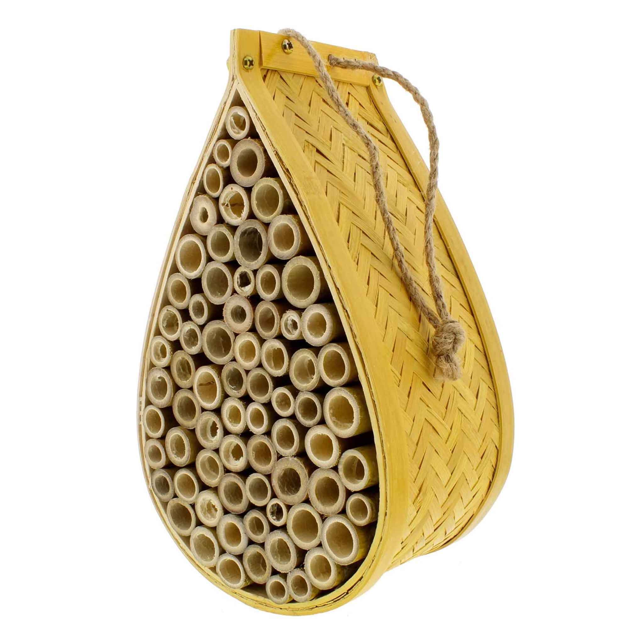 Bamboo Mason Beehive House designed for attracting non-stinging Mason bees, featuring a teardrop shape and multiple bamboo tubes.