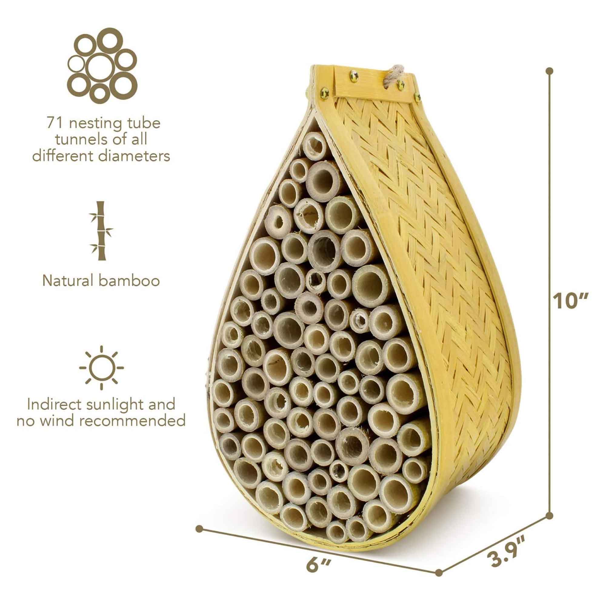 Bamboo Mason Beehive House designed for attracting non-stinging Mason bees, featuring a teardrop shape and multiple bamboo tubes.