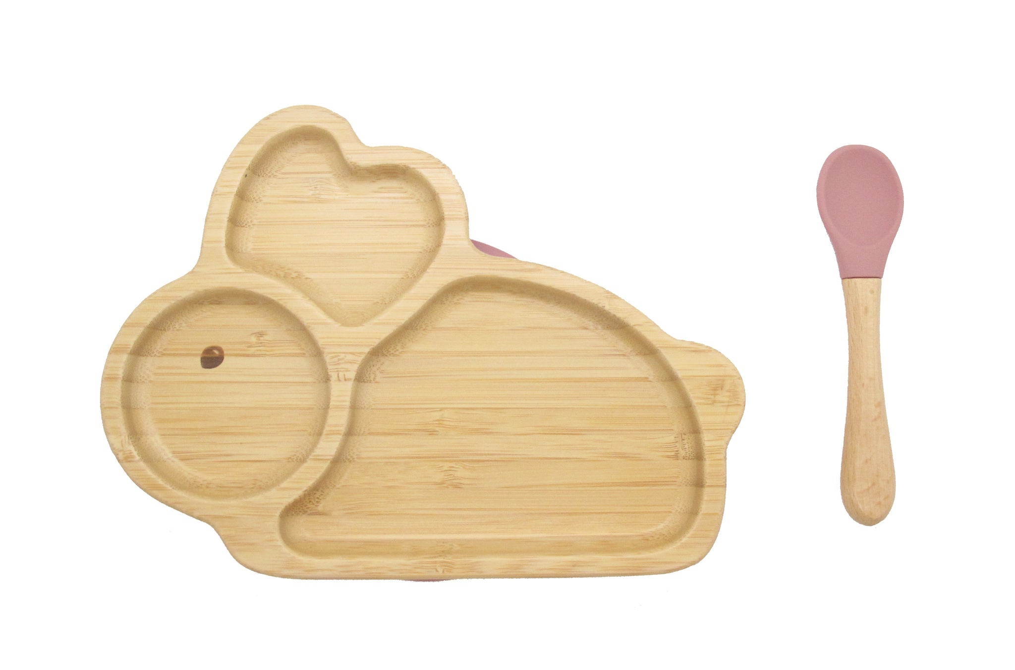 Bamboo Rabbit Kids Plate with Suction Cap Base and Spoon, featuring a cute rabbit design and silicone suction base for mess-free meals.