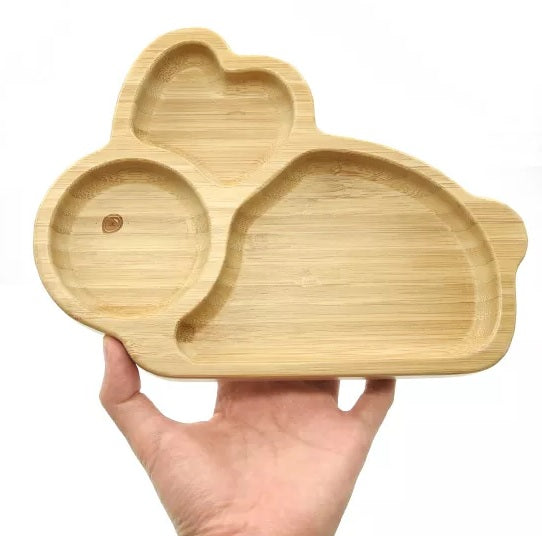 Bamboo Rabbit Kids Plate with Suction Cap Base and Spoon, featuring a cute rabbit design and silicone suction base for mess-free meals.