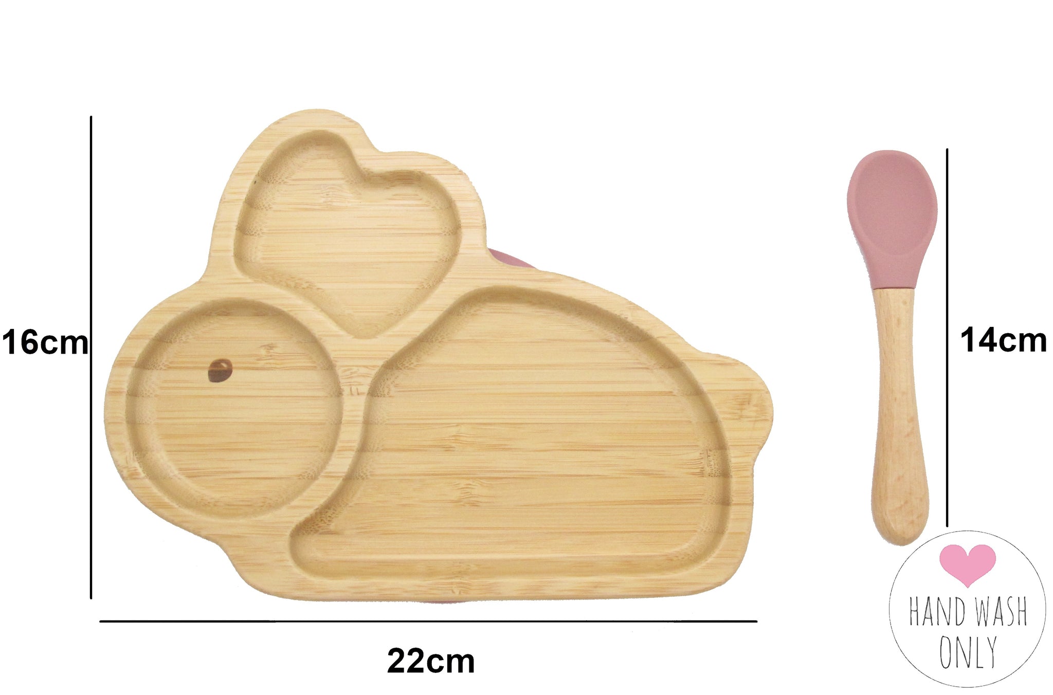 Bamboo Rabbit Kids Plate with Suction Cap Base and Spoon, featuring a cute rabbit design and silicone suction base for mess-free meals.