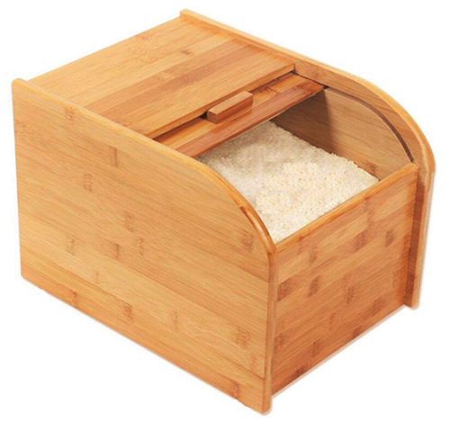 Bamboo Rice Grain Cereal Storage Box with sliding door, showcasing its elegant design and spacious interior for storing rice and cereals.