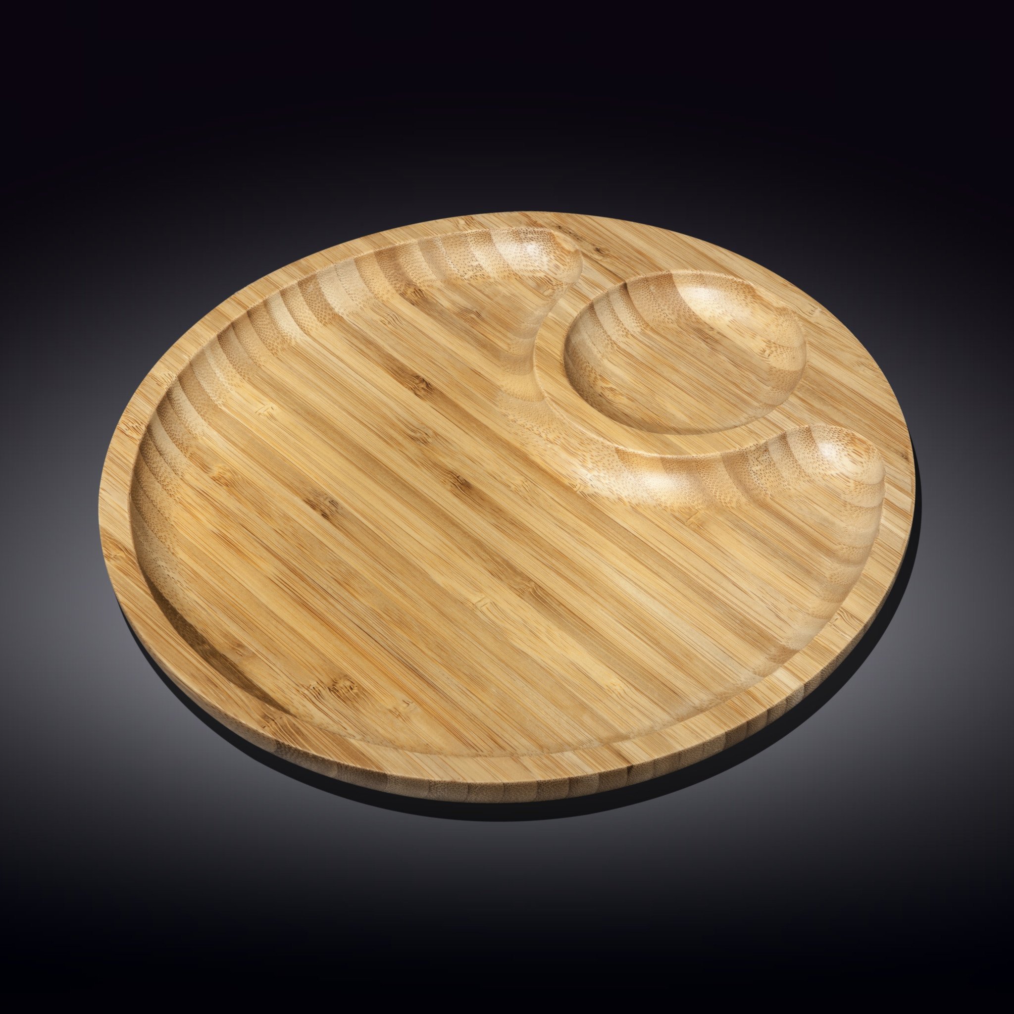 Bamboo Round 2 Section Platter, 12 inches, perfect for serving appetizers and sides, showcasing its elegant design and natural texture.