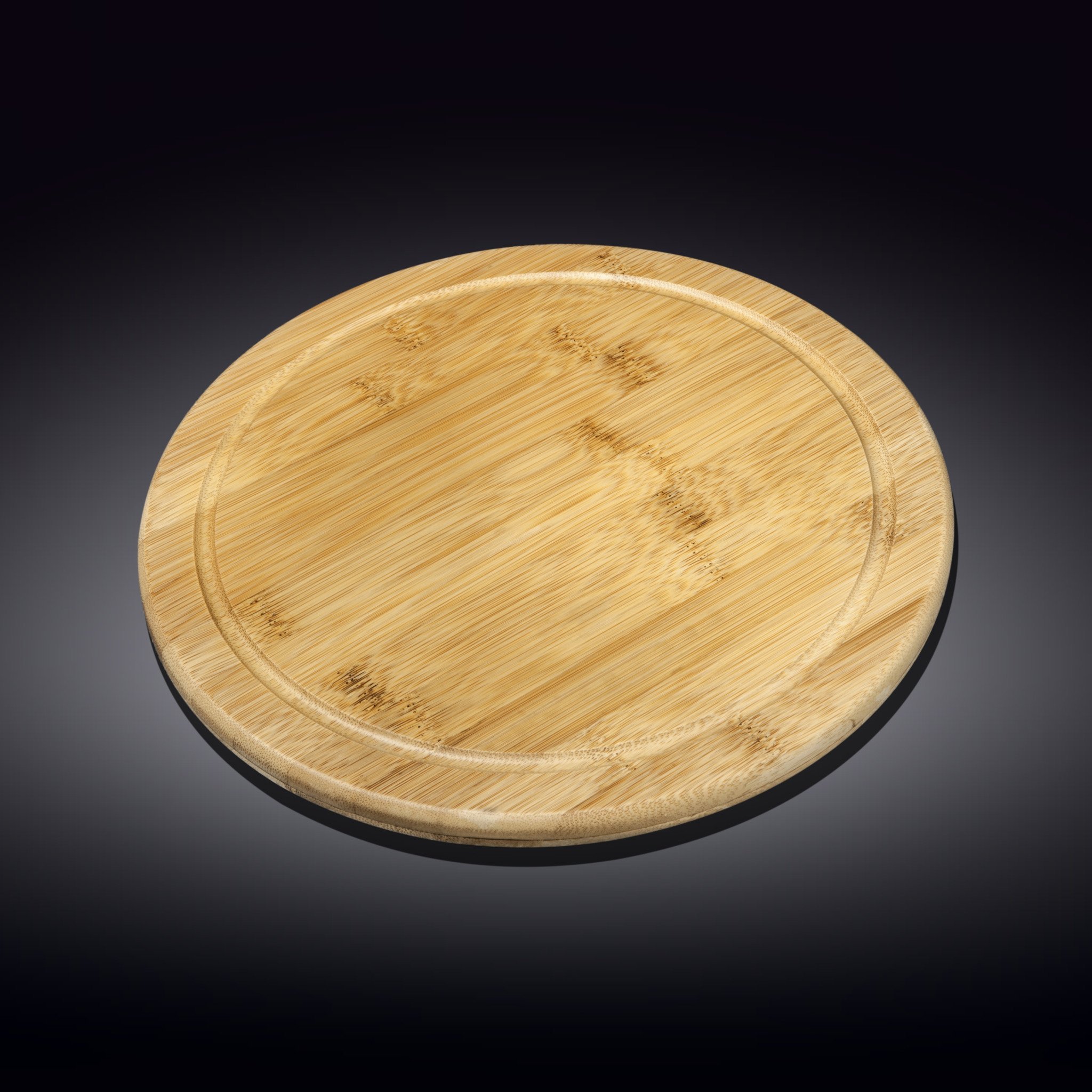 A 12-inch round bamboo serving board, showcasing its natural texture and elegant design, perfect for serving pizza, barbecue, and steak.