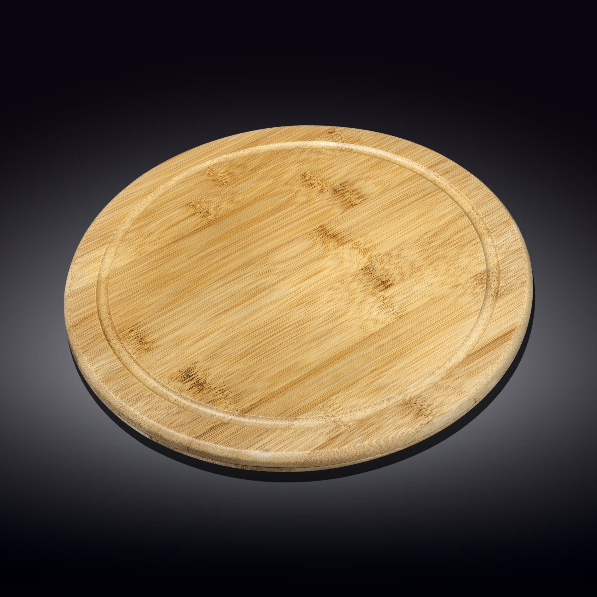 WILMAX Bamboo Serving Board, 14-inch round, showcasing its natural texture and elegant design, ideal for serving pizza, barbecue, and steak.